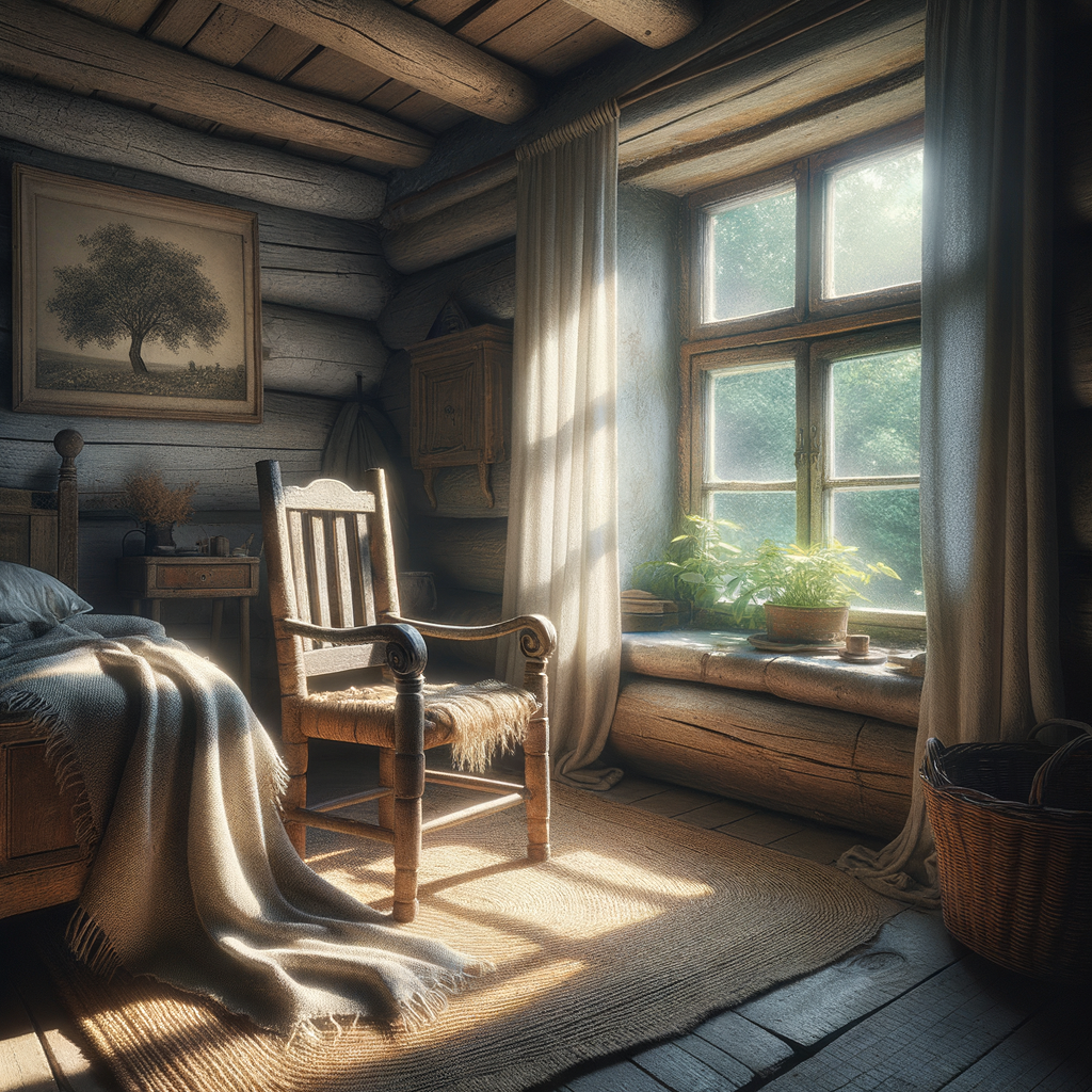 Dormitorio de verano espacioso y lleno de luz, con estilo de pueblo y decoración suave